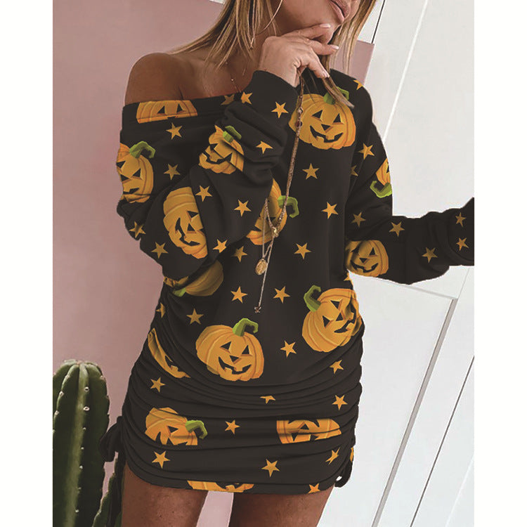 Contrast printing long sleeve dress with gathing on each side