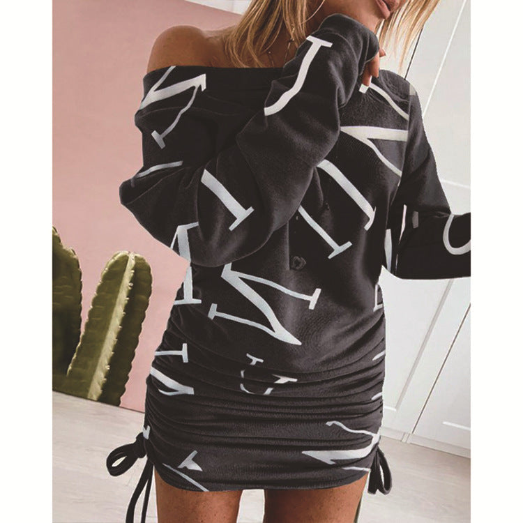 Contrast printing long sleeve dress with gathing on each side