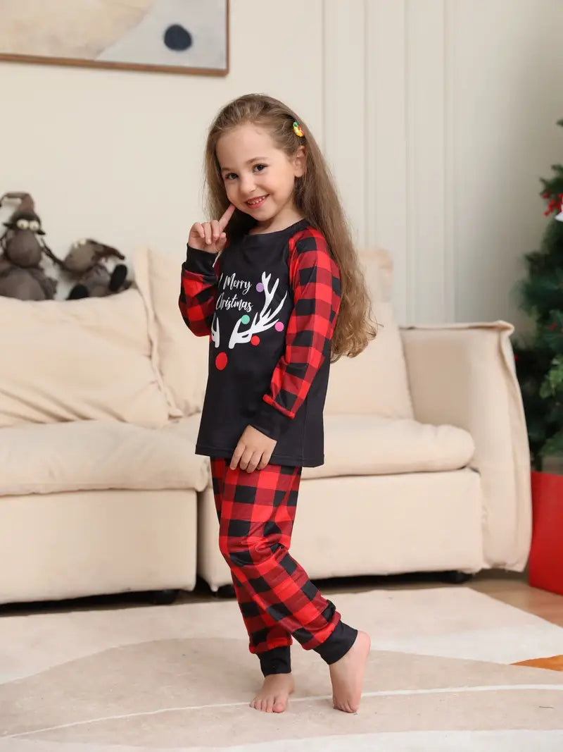 Plaid Christmas Deer Print Round Neck Long Sleeve; Trousers, Comfy Set