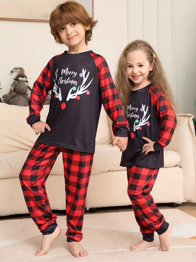 Plaid Christmas Deer Print Round Neck Long Sleeve; Trousers, Comfy Set