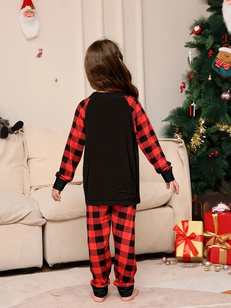 Plaid Christmas Deer Print Round Neck Long Sleeve; Trousers, Comfy Set