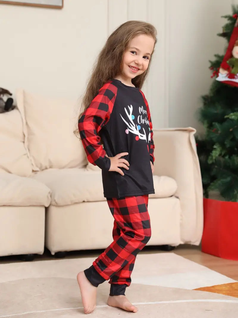 Plaid Christmas Deer Print Round Neck Long Sleeve; Trousers, Comfy Set