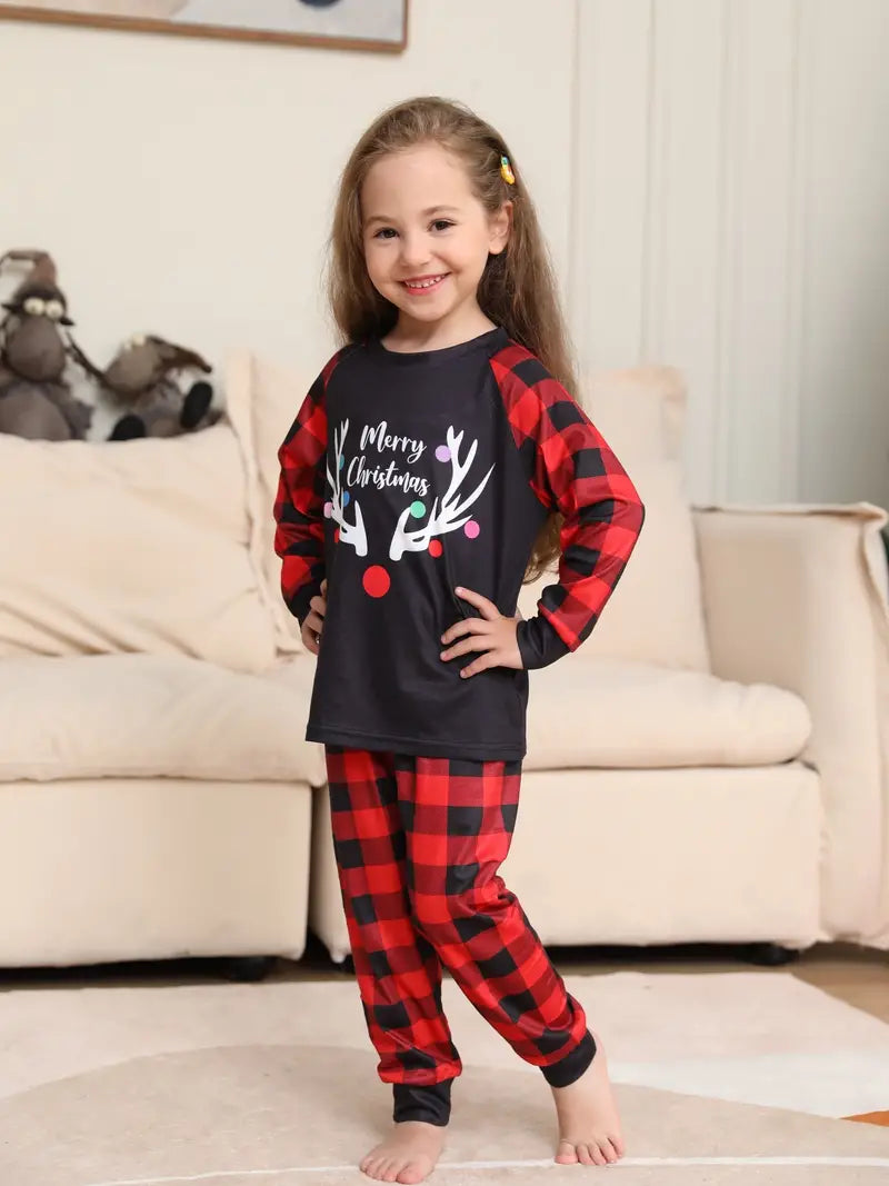 Plaid Christmas Deer Print Round Neck Long Sleeve; Trousers, Comfy Set