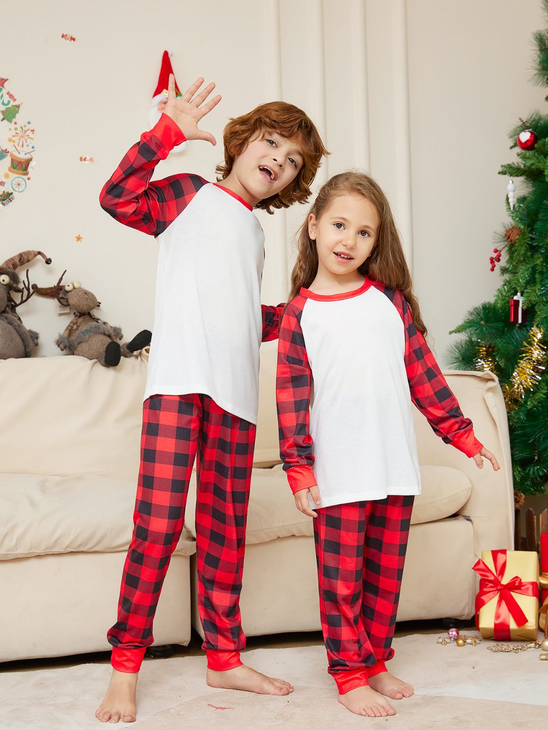 Christmas Raglan Sleeve Top and Plaid Pants Set Children