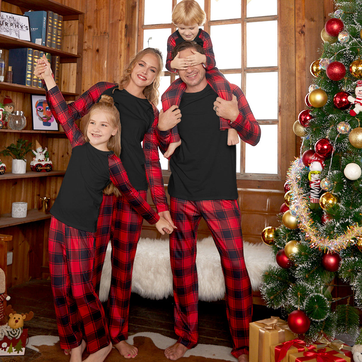 Christmas Raglan Sleeve Top and Plaid Pants Set 2T-9 Children Sleepwear