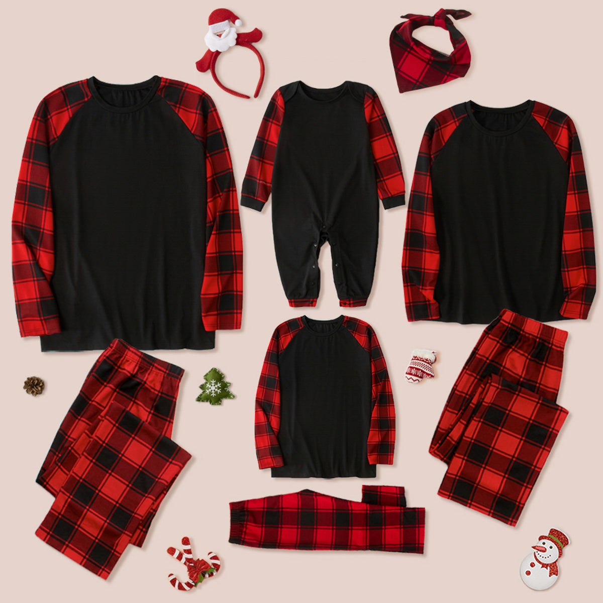 Christmas Raglan Sleeve Top and Plaid Pants Set 2T-9 Children Sleepwear