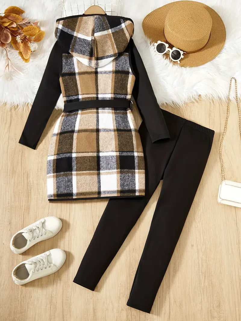 3-Piece Girl Set Elegant Plaid Hooded Vest, Long Sleeve Pullover, and Trousers