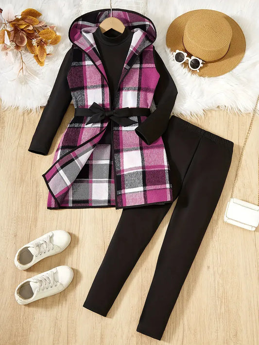 3-Piece Girl Set Elegant Plaid Hooded Vest, Long Sleeve Pullover, and Trousers