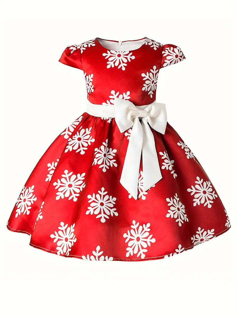 Knee-High Snowflake Print Crew Neck Short Sleeve Dress for Girls