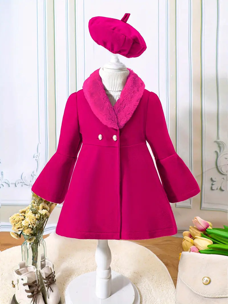 Girls' Fashion Coat - Elegant Button-Front Design with Hat