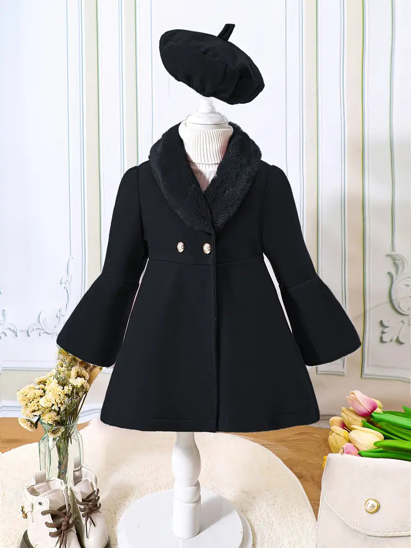 Girls' Fashion Coat - Elegant Button-Front Design with Hat