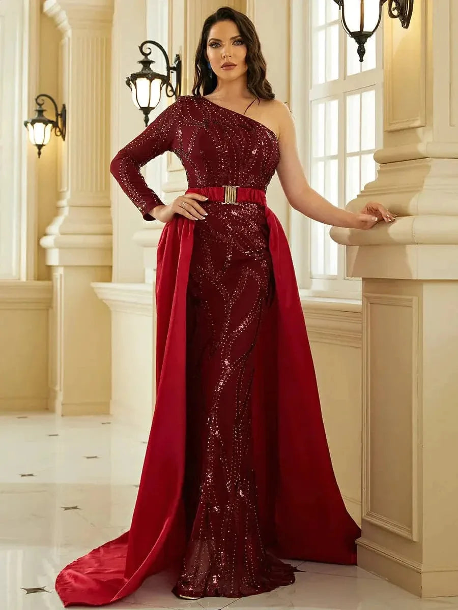 One Shoulder Sequins Evening Party Dress Elegant Long Sleeve Open Back Floor Length