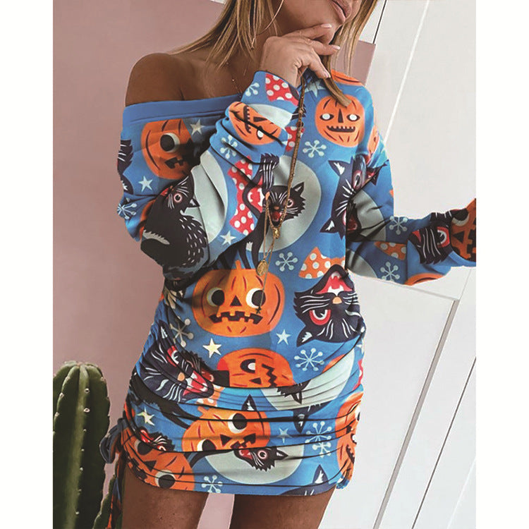 Contrast printing  long sleeve dress with gathing on each side