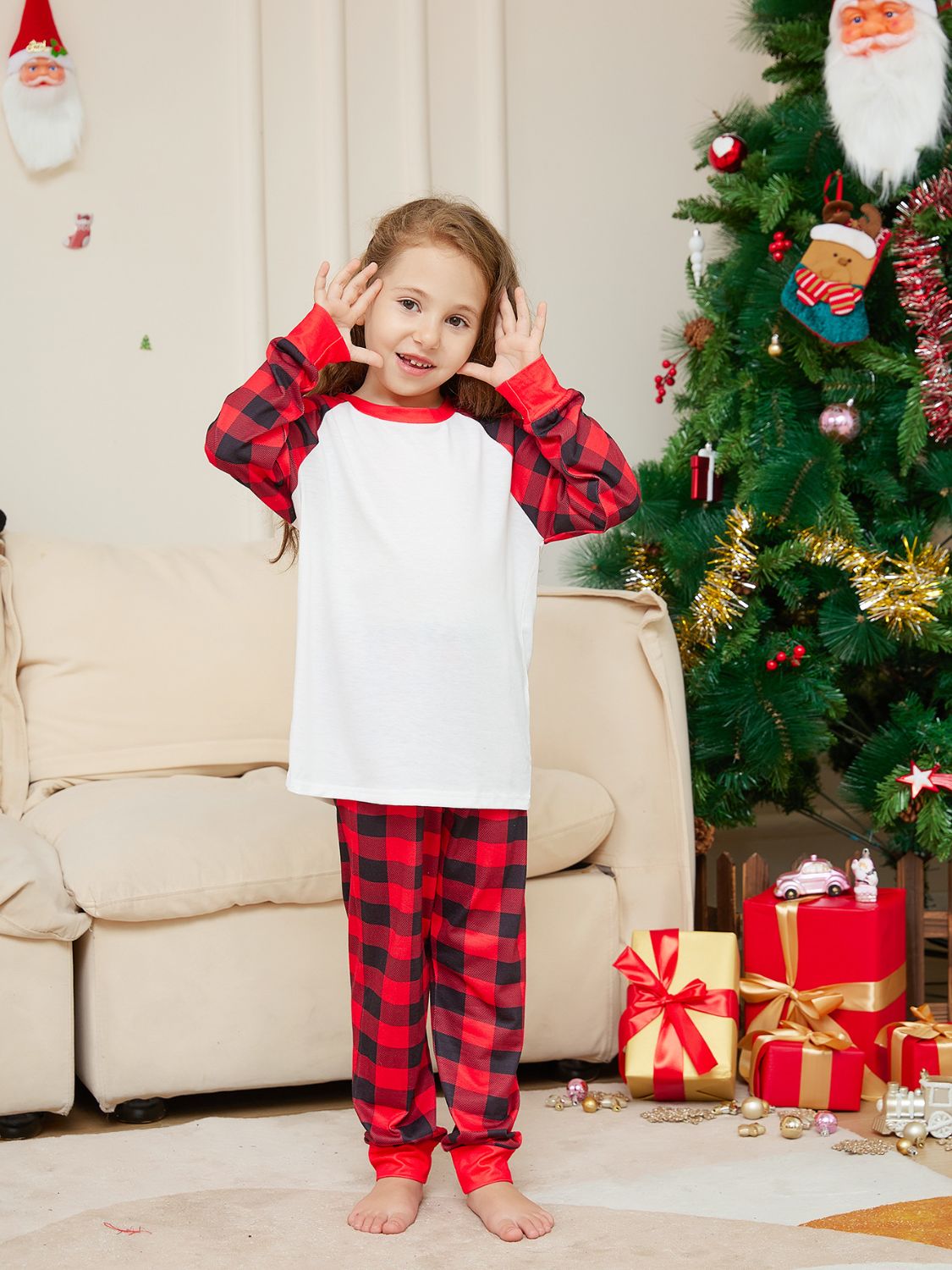 Christmas Raglan Sleeve Top and Plaid Pants Set Children