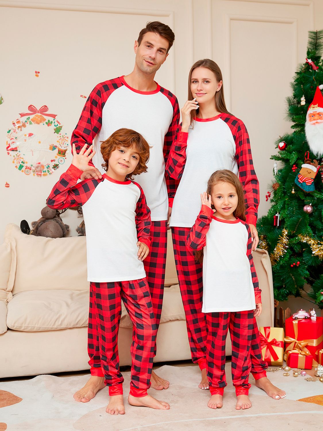 Christmas Raglan Sleeve Top and Plaid Pants Set Children
