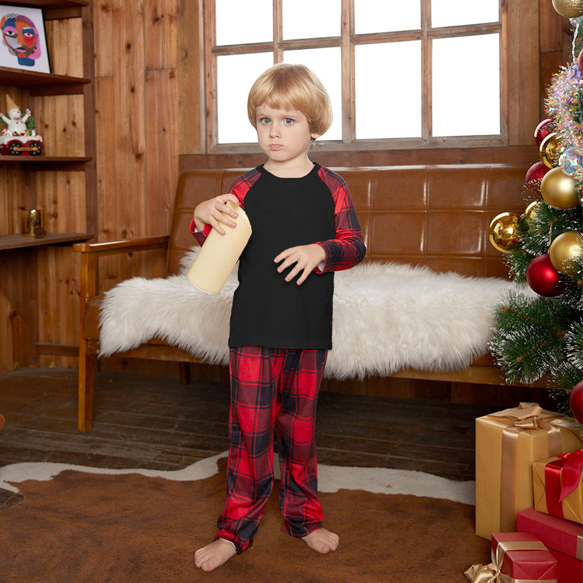 Christmas Raglan Sleeve Top and Plaid Pants Set 2T-9 Children Sleepwear